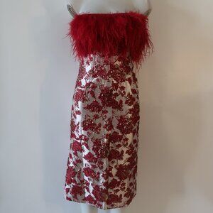NWT Hyacinth House Red, Champagne Floral Jacquard & Feather Strapless Dress XS